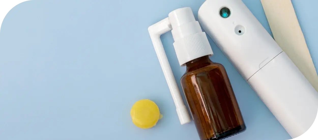 A person preparing to use a sore throat relief product for targeted throat care.